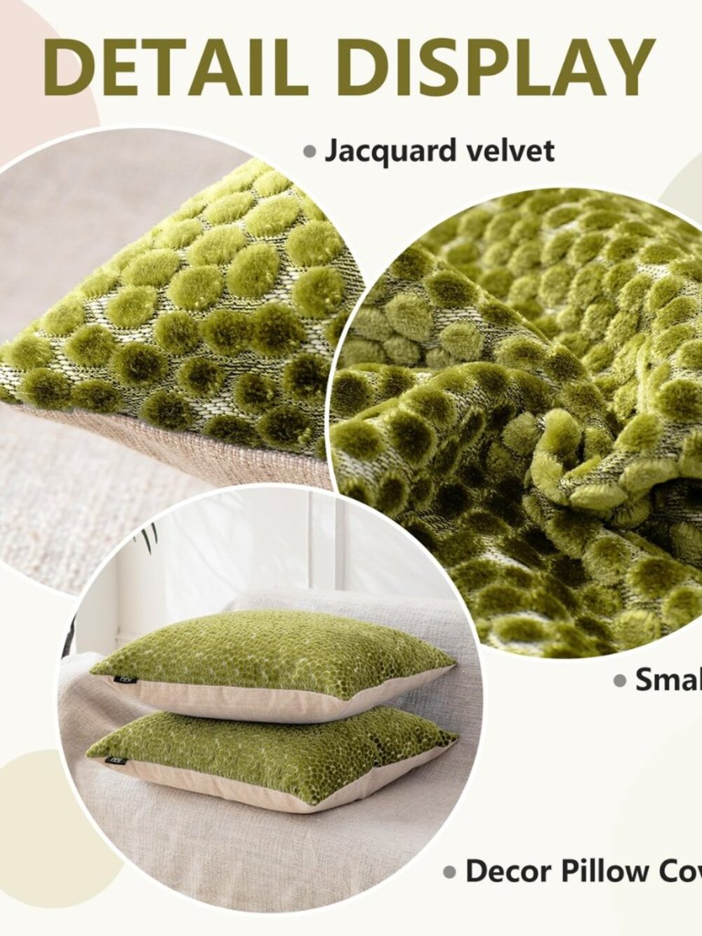 Lumbar Pillow Covers 12x20 Inch Set of 2, Jacquard Velvet, Olive Green - Picture 5 of 8